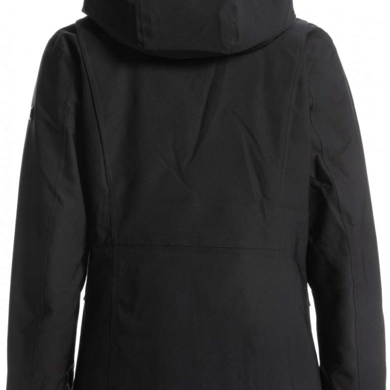 Roxy Women's Andie Insulated Jacket 2023 - A black jacket with a hood, featuring a subtle geometric pattern on the back and sleeves.