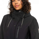 Roxy Women's Andie Insulated Jacket 2023 - A black jacket with a high collar and zippered pockets, featuring a small white logo on the left sleeve.