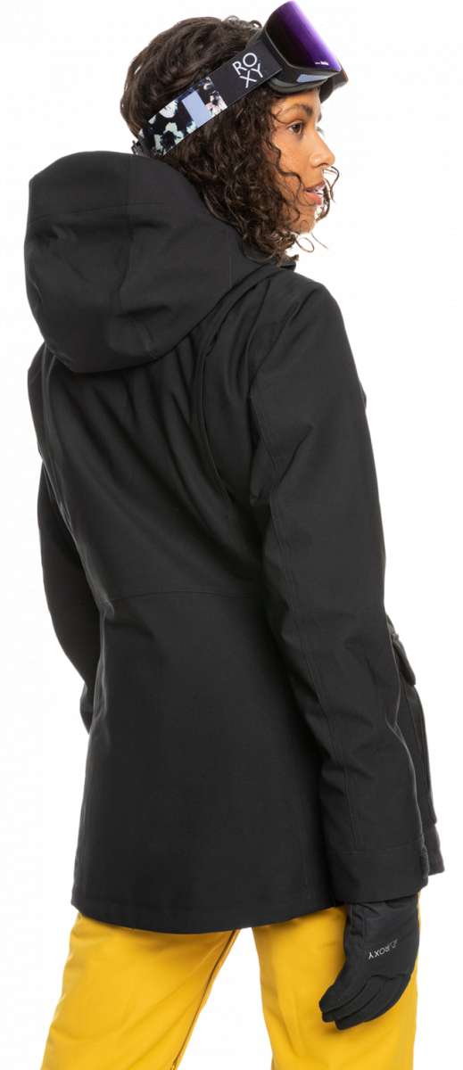 Roxy Women's Andie Insulated Jacket 2023 - A black jacket with a hood and white lettering on the left chest.