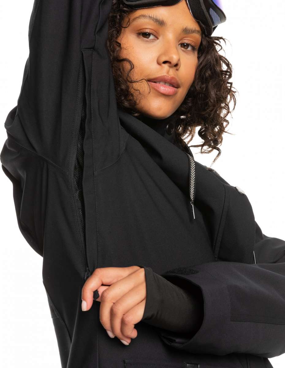 Roxy Women's Andie Insulated Jacket - A black jacket with a zippered chest pocket and a hood, featuring a subtle white logo on the left sleeve.