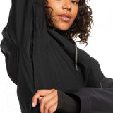 Roxy Women's Andie Insulated Jacket - A black jacket with a zippered chest pocket and a hood, featuring a subtle white logo on the left sleeve.