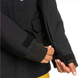 Roxy Women's Andie Insulated Jacket - A black jacket with a silver button on the chest and two pockets on the front, one of which has a flap.