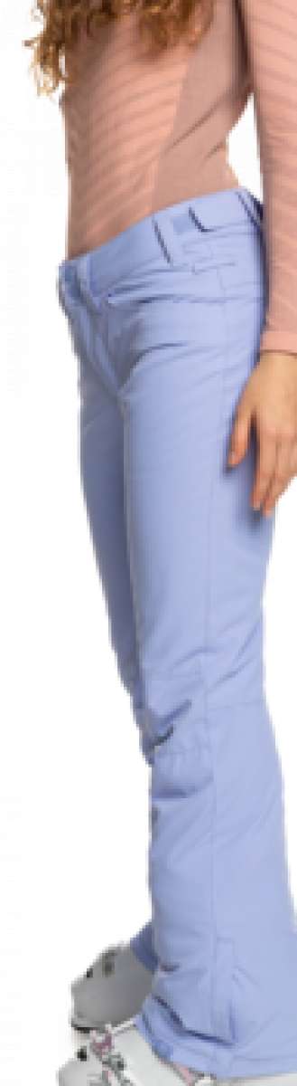 Roxy Women's Backyard Insulated Pant 2023 - A pair of light blue snow pants with a subtle pattern on the left thigh, featuring two zippered pockets and a belt loop at the waist.
