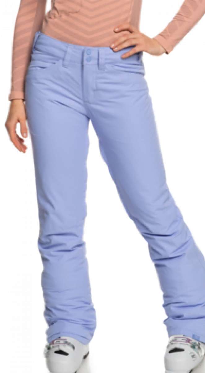 Roxy Women's Backyard Insulated Pant 2023 - A pair of light blue snow pants with a subtle pattern on the upper thigh area, featuring two front pockets and a button fly closure.