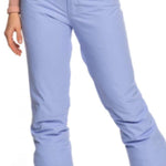 Roxy Women's Backyard Insulated Pant 2023 - A pair of light blue snow pants with a subtle pattern on the upper thigh area, featuring two front pockets and a button fly closure.