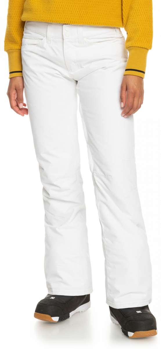 Roxy Women's Backyard Insulated Pant 2023 - White snow pants with black stripe on cuff and zippered pocket.