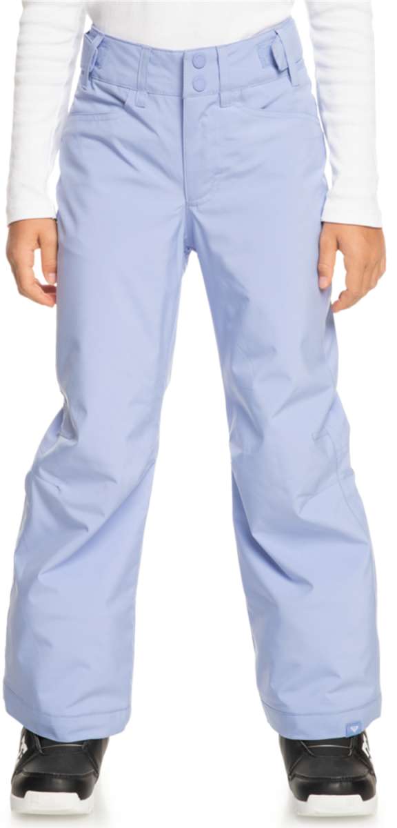 Roxy Women's Backyard Insulated Pant 2024 - Light blue snow pants with a subtle pattern of darker blue stripes on the side seams and two front pockets.