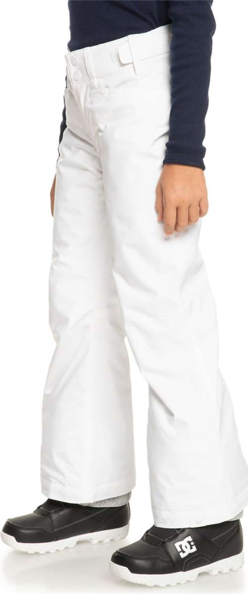 Roxy Women's Backyard Insulated Pant 2024 - A pair of white snow pants with a subtle pattern on the left leg, featuring a belt loop and two front pockets.