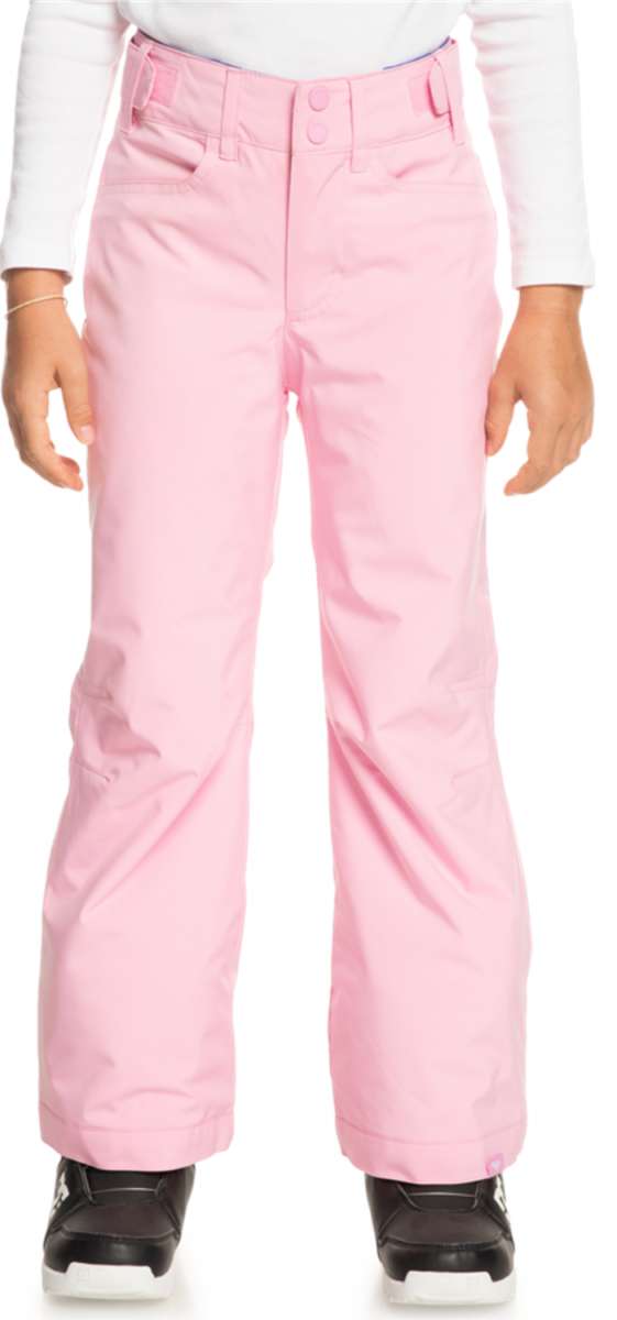 Roxy Women's Backyard Insulated Pant 2024 - A pair of light pink snow pants with a subtle pattern on the side pockets and a slight sheen to the fabric.