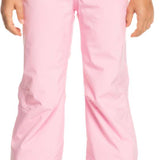 Roxy Women's Backyard Insulated Pant 2024 - A pair of light pink snow pants with a subtle pattern on the side pockets and a slight sheen to the fabric.