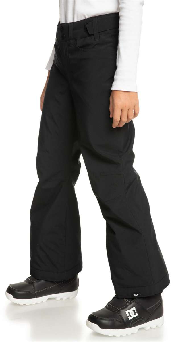 Roxy Women's Backyard Insulated Pant 2024 - Black snow pants with a subtle white logo on the left leg, featuring a belt loop and zippered pocket at the back.