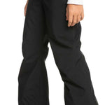 Roxy Women's Backyard Insulated Pant 2024 - Black snow pants with a subtle white logo on the left leg, featuring a belt loop and zippered pocket at the back.