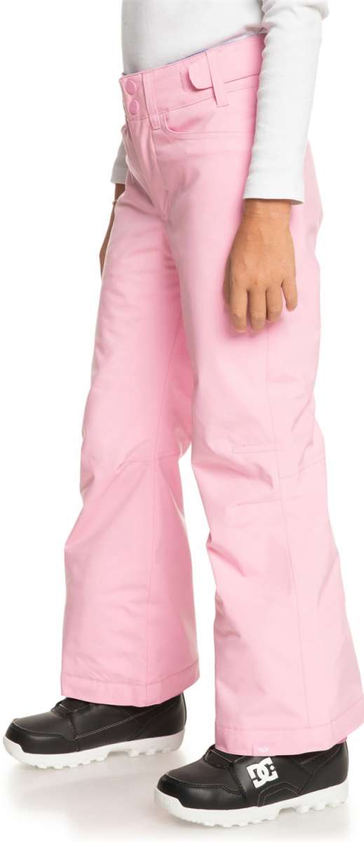 Roxy Women's Backyard Insulated Pant 2024 - A pair of pink snow pants with a white logo on the left leg, featuring a belt loop and two pockets on the back.