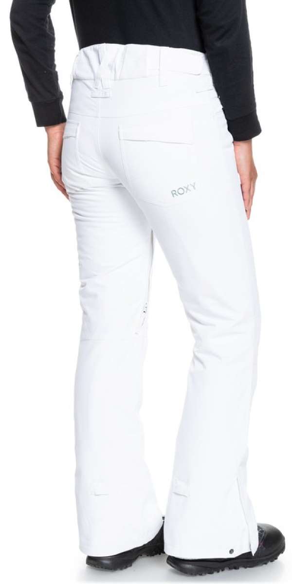 Roxy Women's Backyard Insulated Pants 2022 - A pair of white snow pants with a small black logo on the left thigh and two zippered pockets on the back.