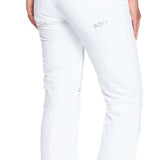Roxy Women's Backyard Insulated Pants 2022 - A pair of white snow pants with a small black logo on the left thigh and two zippered pockets on the back.