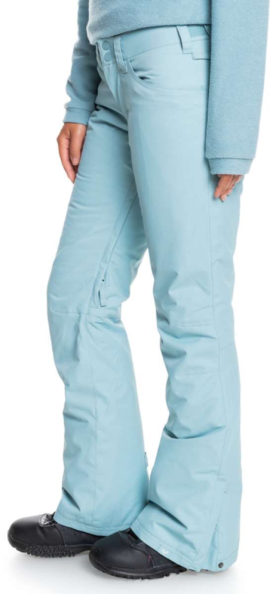 Roxy Women's Backyard Insulated Pants 2022 - Light blue snow pants with a zippered pocket on the side of one leg.