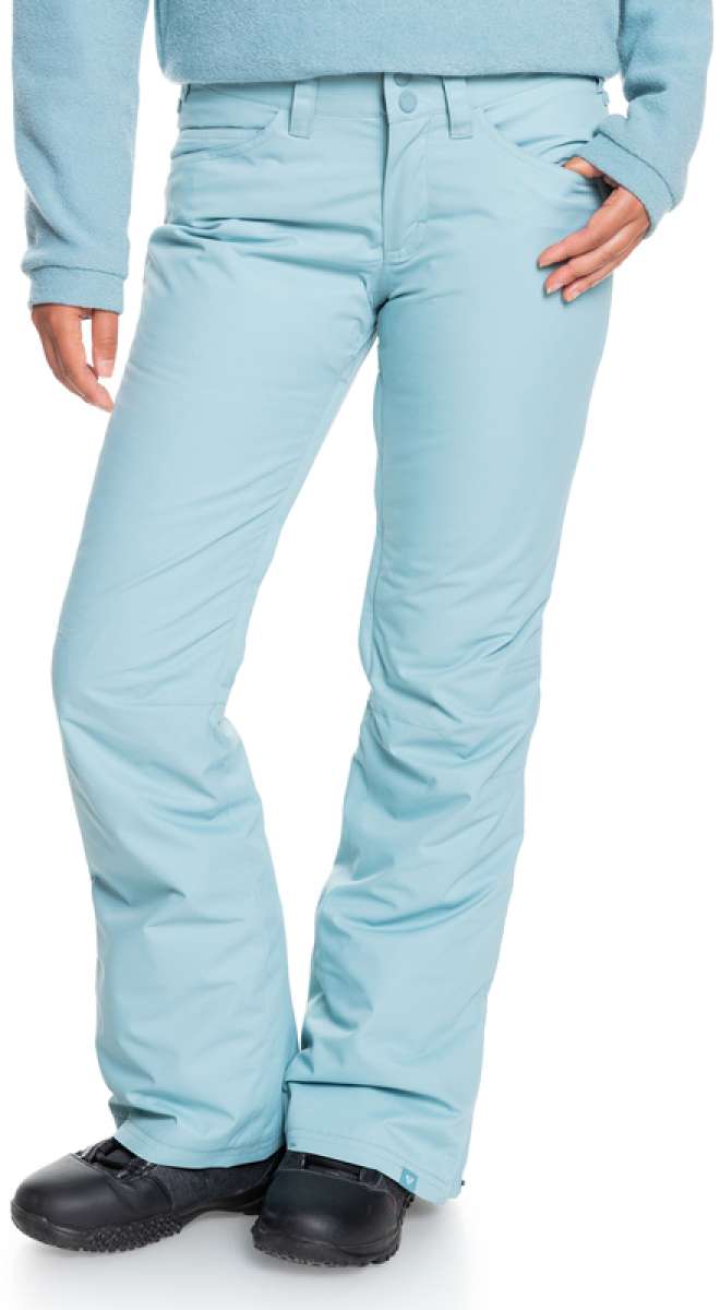 Roxy Women's Backyard Insulated Pants 2022 - Light blue snow pants with a subtle white stripe pattern on the side of one leg.