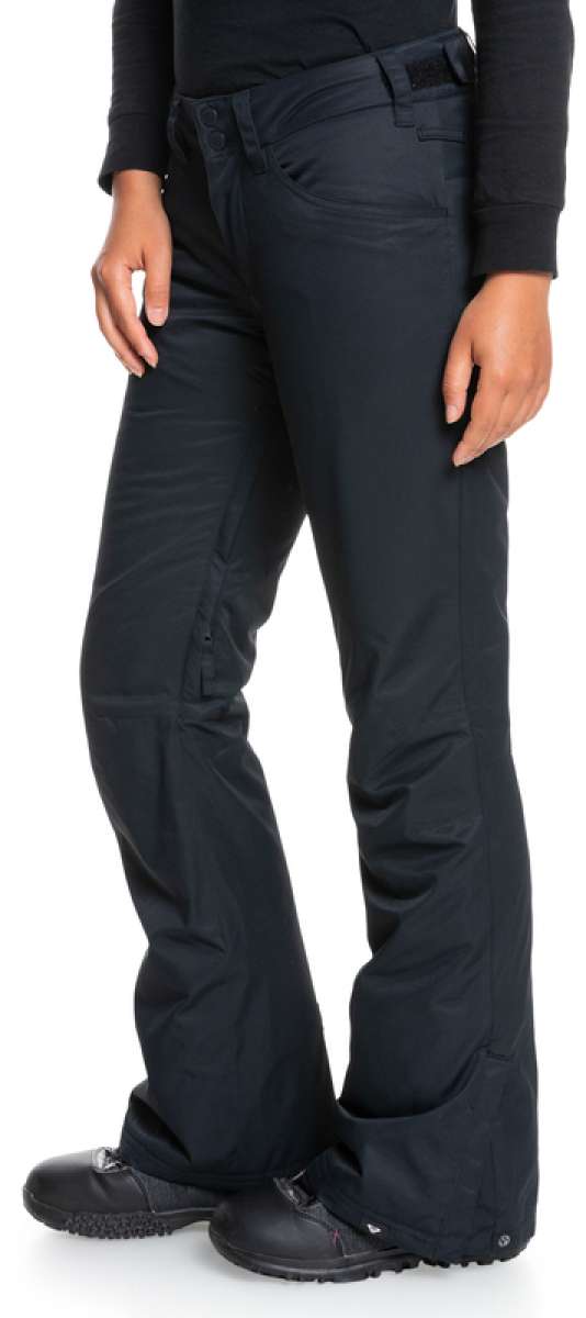 Roxy Women's Backyard Insulated Pants 2022 - Black snow pants with a subtle white logo on the left leg, featuring a zippered pocket and belt loops.
