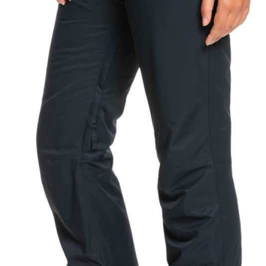 Roxy Women's Backyard Insulated Pants 2022 - Black snow pants with a subtle white logo on the left leg, featuring a zippered pocket and belt loops.