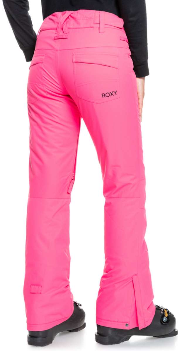 Roxy Women's Backyard Insulated Pants 2022 - A pair of bright pink snow pants with a zippered pocket on the right side and adjustable Velcro straps at the waist.