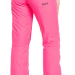 Roxy Women's Backyard Insulated Pants 2022 - A pair of bright pink snow pants with a zippered pocket on the right side and adjustable Velcro straps at the waist.