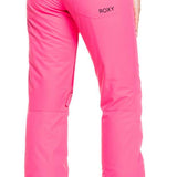 Roxy Women's Backyard Insulated Pants 2022 - A pair of bright pink snow pants with a zippered pocket on the right side and adjustable Velcro straps at the waist.
