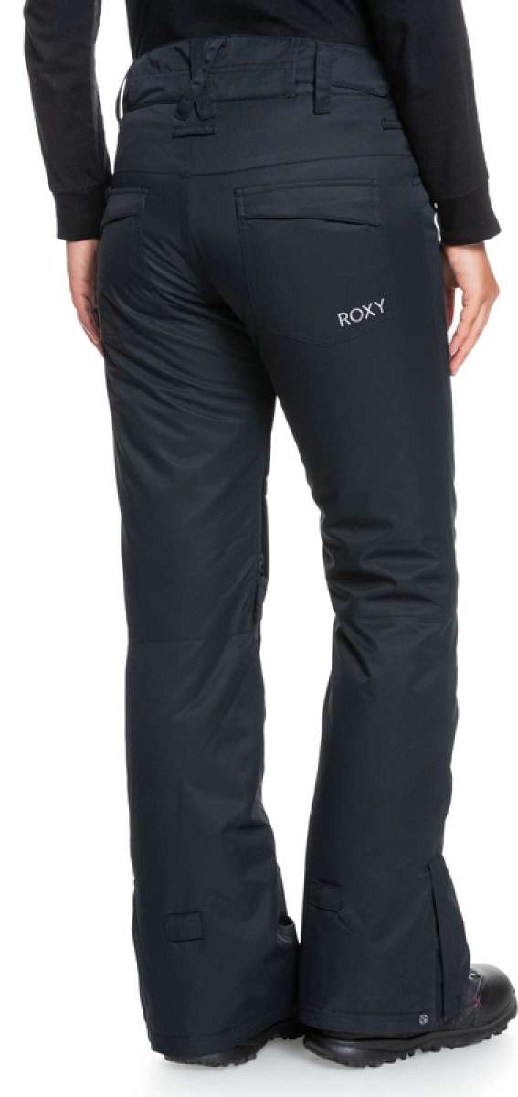 Roxy Women's Backyard Insulated Pants 2022 - Black snow pants with a small white logo on the left thigh and two zippered pockets on the back.
