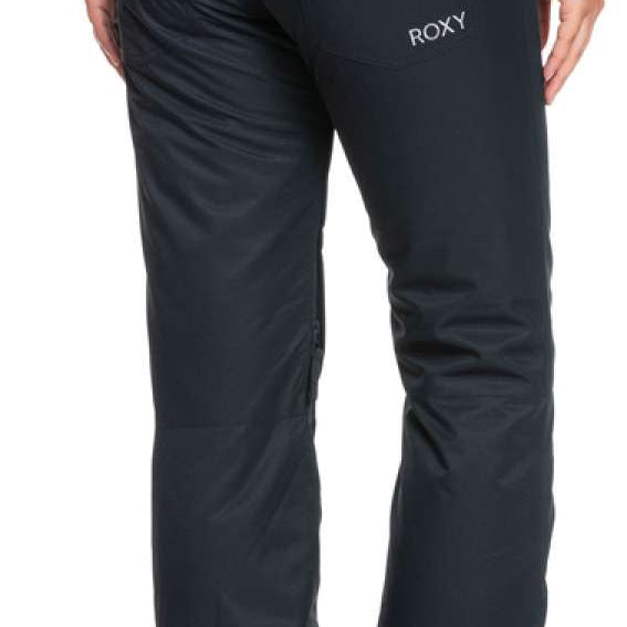Roxy Women's Backyard Insulated Pants 2022 - Black snow pants with a small white logo on the left thigh and two zippered pockets on the back.