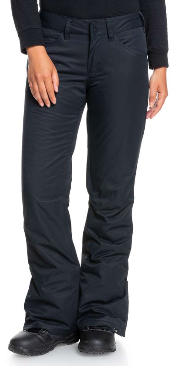 Roxy Women's Backyard Insulated Pants 2022 - Black snow pants with a slight sheen, featuring two zippered front pockets and belt loops.
