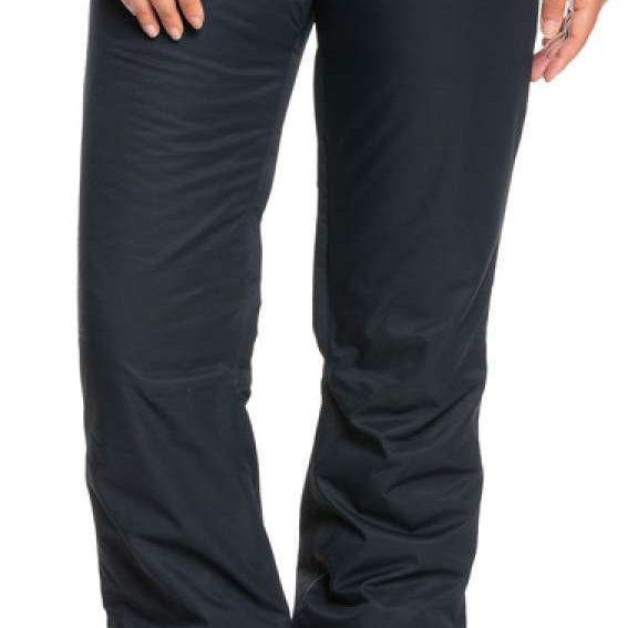 Roxy Women's Backyard Insulated Pants 2022 - Black snow pants with a slight sheen, featuring two zippered front pockets and belt loops.