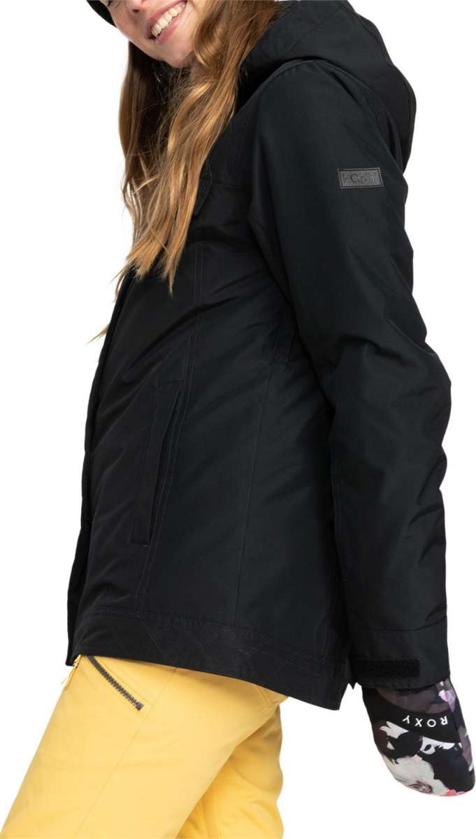 Roxy Women's Billie Insulated Jacket - A black insulated jacket with a hood, featuring a small rectangular logo on the left sleeve.