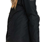 Roxy Women's Billie Insulated Jacket - A black insulated jacket with a hood, featuring a small rectangular logo on the left sleeve.