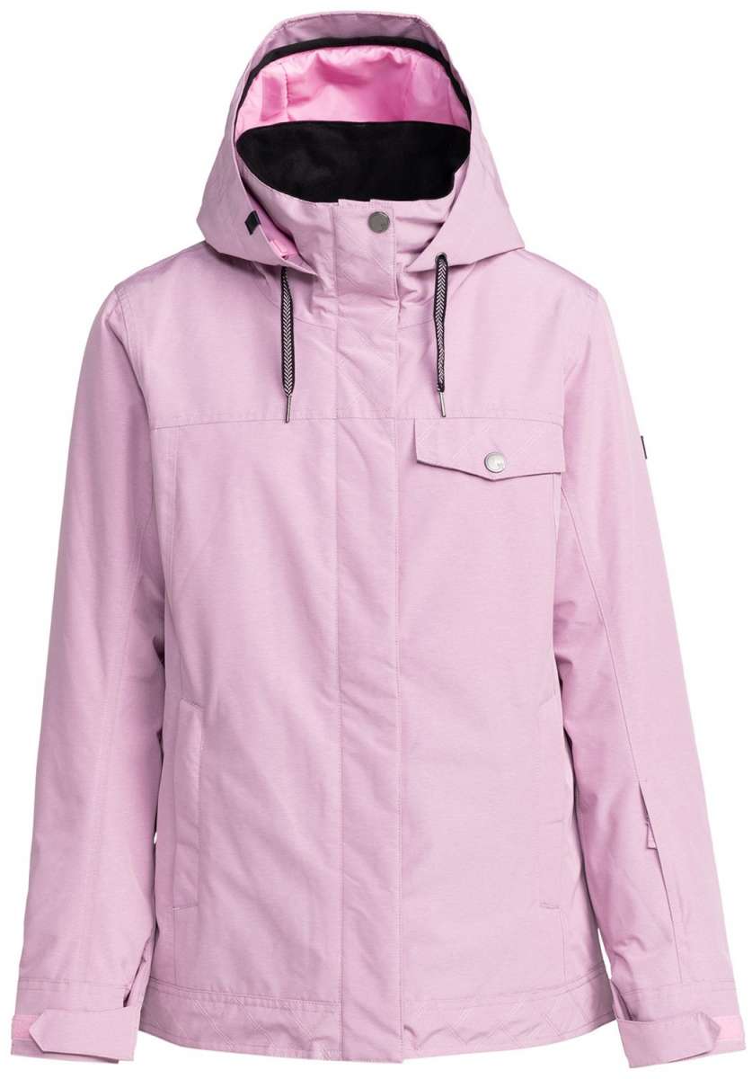 Roxy Women's Billie Insulated Jacket 2024 - A light pink jacket with a hood, featuring black drawstrings and silver snap buttons.