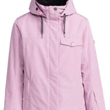 Roxy Women's Billie Insulated Jacket 2024 - A light pink jacket with a hood, featuring black drawstrings and silver snap buttons.