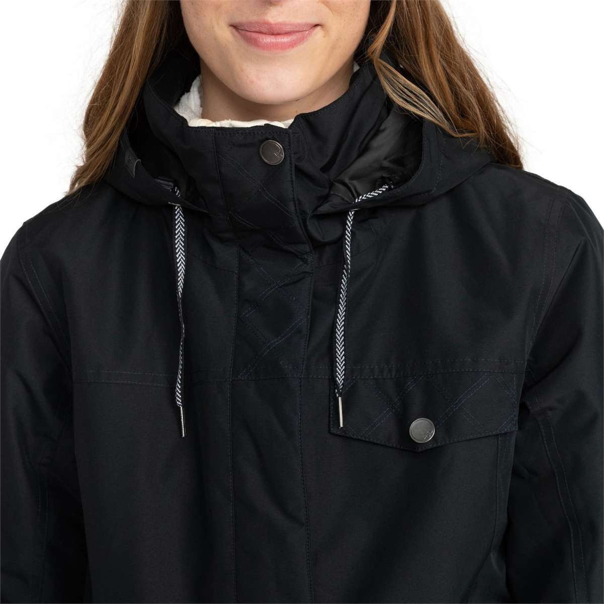 Roxy Women's Billie Insulated Jacket 2024 - A black jacket with a white faux fur-lined hood and silver zipper.