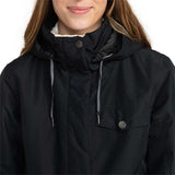 Roxy Women's Billie Insulated Jacket 2024 - A black jacket with a white faux fur-lined hood and silver zipper.