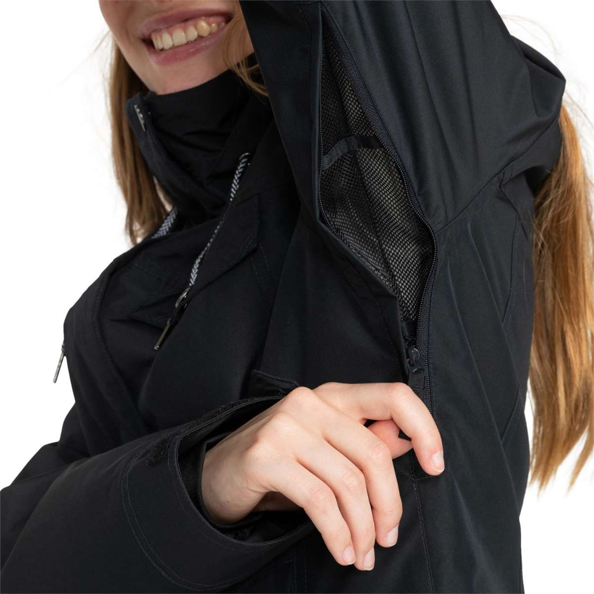 Roxy Women's Billie Insulated Jacket 2024 - A black jacket with a zippered chest pocket and white stitching on the zipper.