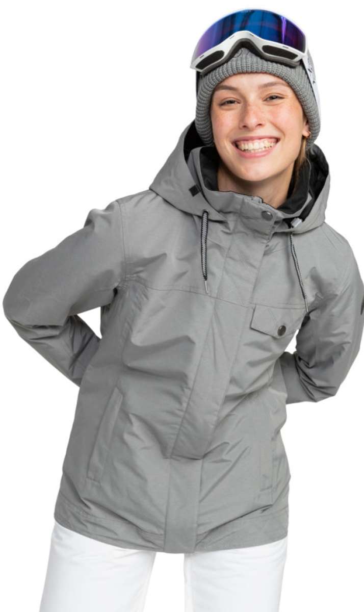 Roxy Women's Billie Insulated Jacket - A grey jacket with a hood, featuring black zippers and a black drawstring on the waist.