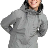 Roxy Women's Billie Insulated Jacket - A grey jacket with a hood, featuring black zippers and a black drawstring on the waist.
