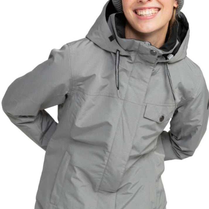Roxy Women's Billie Insulated Jacket - A grey jacket with a hood, featuring black zippers and a black drawstring on the waist.