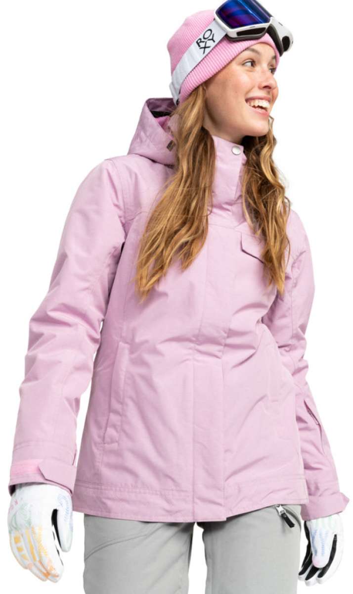 Roxy Women's Billie Insulated Jacket - A light pink jacket with a hood and two chest pockets, featuring a white logo on the left sleeve.