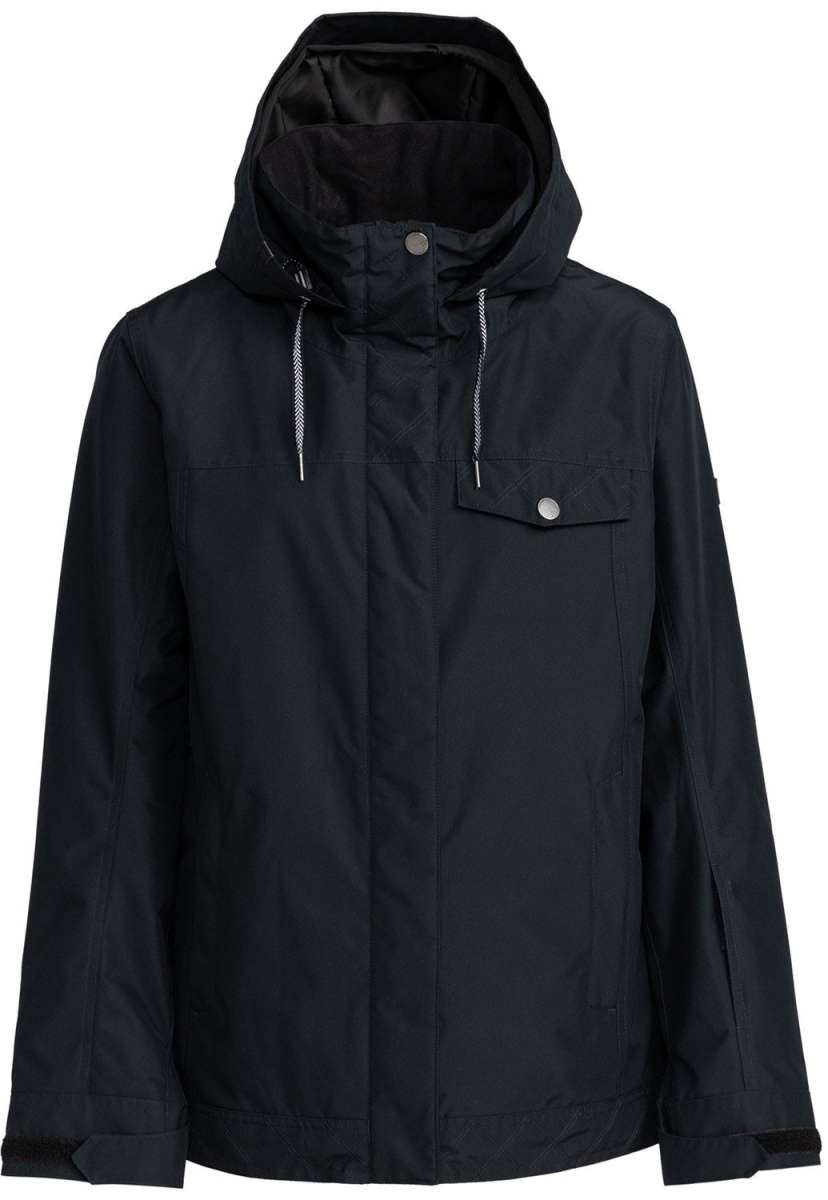 Roxy Women's Billie Insulated Jacket 2024 - A black insulated jacket with a hood, featuring silver zippers and a quilted pattern on the back.