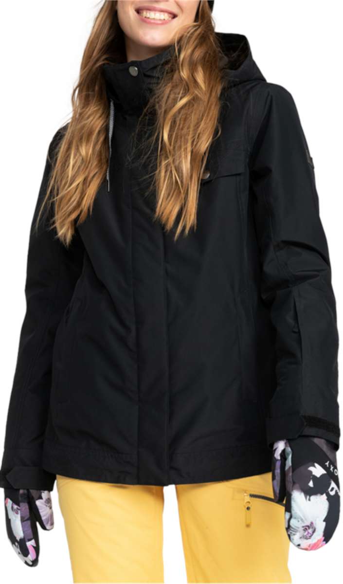 Roxy Women's Billie Insulated Jacket - A black jacket with a hood, featuring a zippered front and two pockets on either side.
