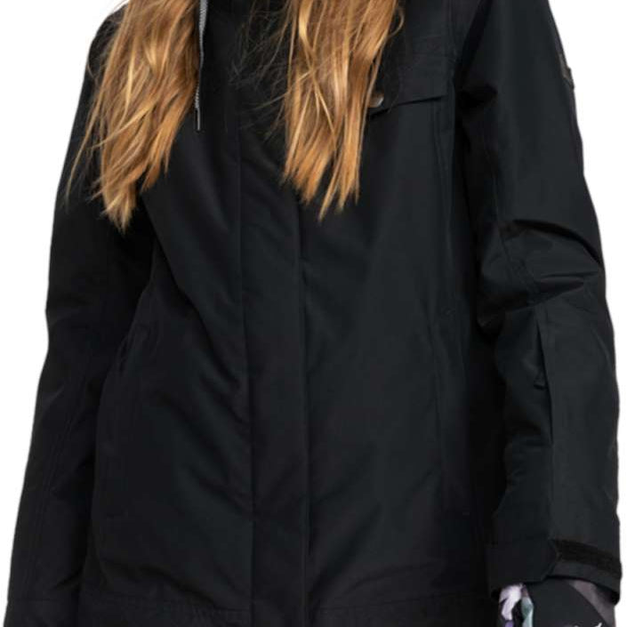 Roxy Women's Billie Insulated Jacket - A black jacket with a hood, featuring a zippered front and two pockets on either side.