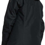 Roxy Women's Billie Insulated Jacket - A black insulated jacket with a hood, featuring a small rectangular logo on the upper left arm and a zippered pocket on the lower right side.