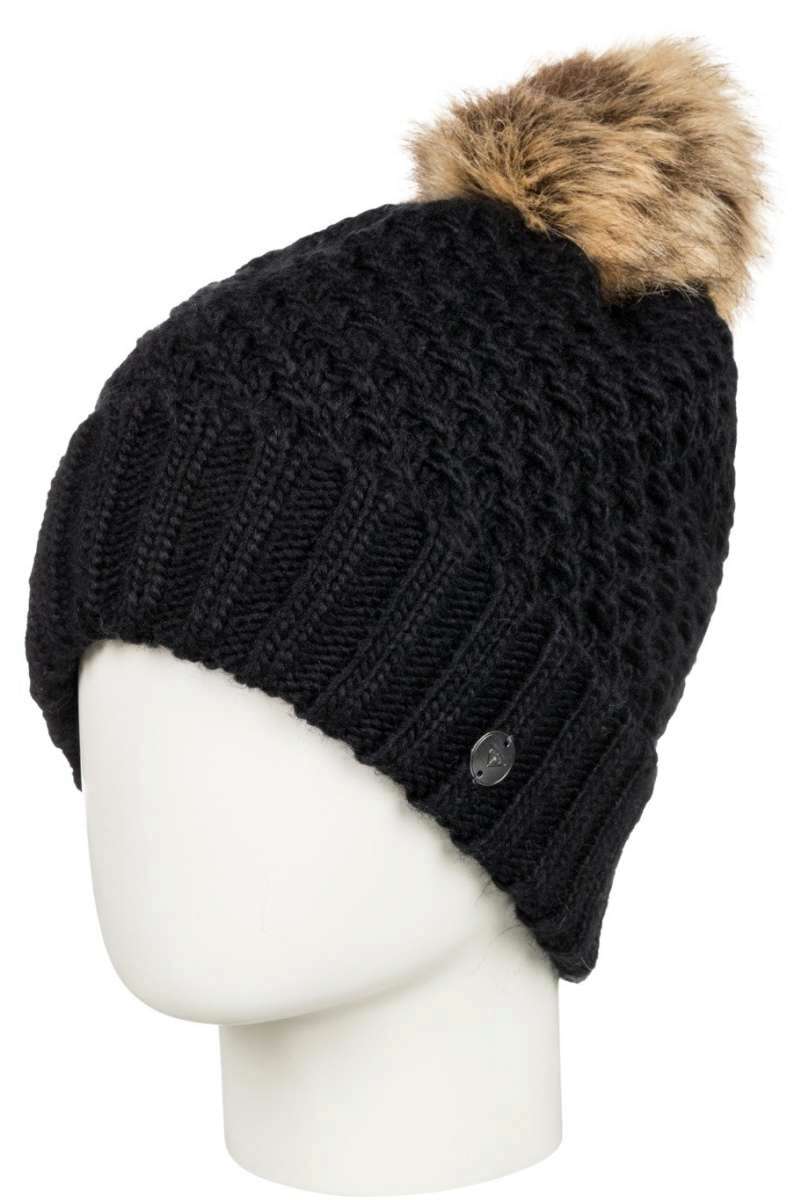 Roxy Women's Blizzard Beanie 2022 - A black beanie with a brown faux fur pom-pom on top.