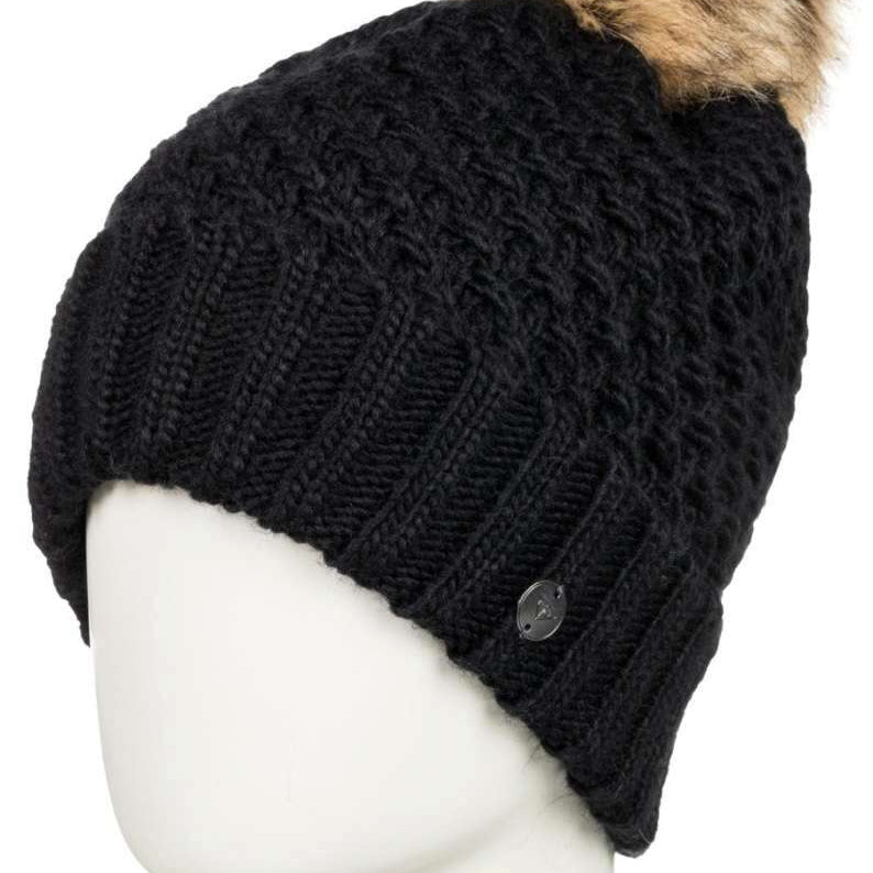 Roxy Women's Blizzard Beanie 2022 - A black beanie with a brown faux fur pom-pom on top.