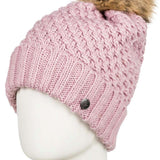 Roxy Women's Blizzard Beanie 2022 - A dusty rose-colored beanie with a cable-knit pattern and a brown faux fur pom-pom on top.