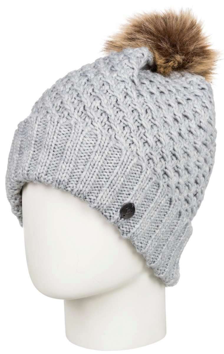 Roxy Women's Blizzard Beanie 2022 - A light grey beanie with a brown faux fur pom-pom on top.