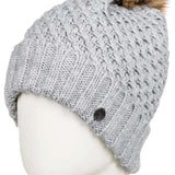 Roxy Women's Blizzard Beanie 2022 - A light grey beanie with a brown faux fur pom-pom on top.
